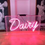 Vintage Pink Neon Dairy Sign in Hanging Lucite Box