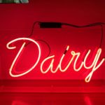 Vintage Pink Neon Dairy Sign in Hanging Lucite Box