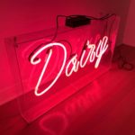 Vintage Pink Neon Dairy Sign in Hanging Lucite Box