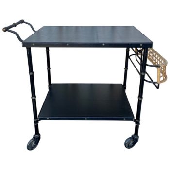 Original Vintage Jacques Adnet Black Stitched Leather & Wicker Bar Cart