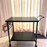 Original Vintage Jacques Adnet Black Stitched Leather & Wicker Bar Cart