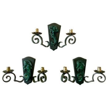 French Ceramic and Iron Trio of Wall Sconces