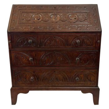 English Fall-Front Secretary Desk in Carved Oak, Circa 1800