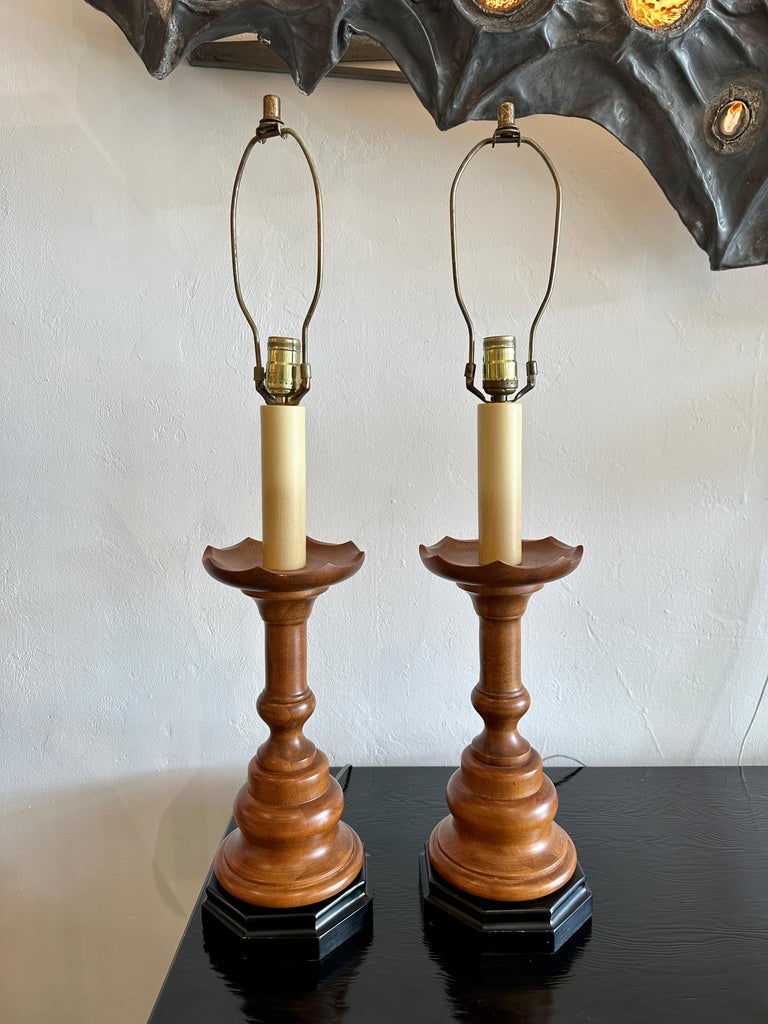 Turned Wood Lamps with Chess Pawn Design, Pair