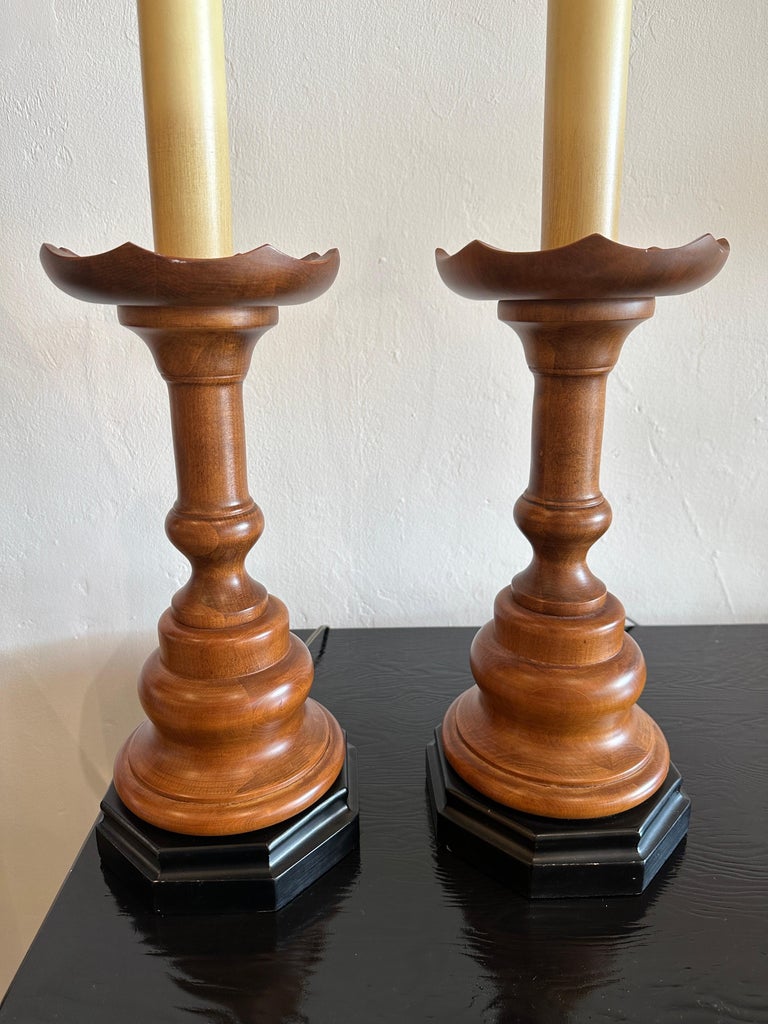 Turned Wood Lamps with Chess Pawn Design, Pair