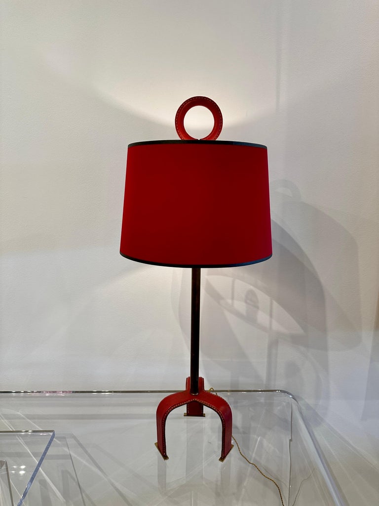 Distinctive Vintage Jacques Adnet Red Stitched Leather Tall Table Lamp