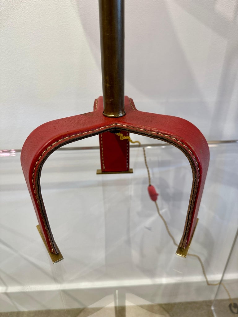 Distinctive Vintage Jacques Adnet Red Stitched Leather Tall Table Lamp