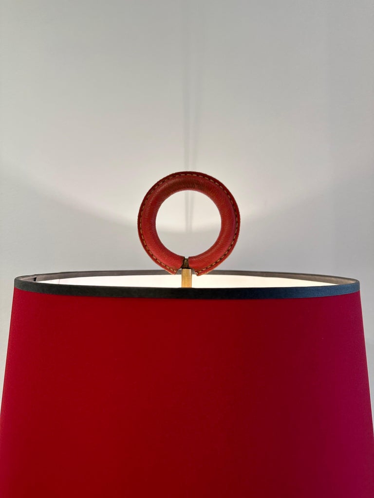 Distinctive Vintage Jacques Adnet Red Stitched Leather Tall Table Lamp