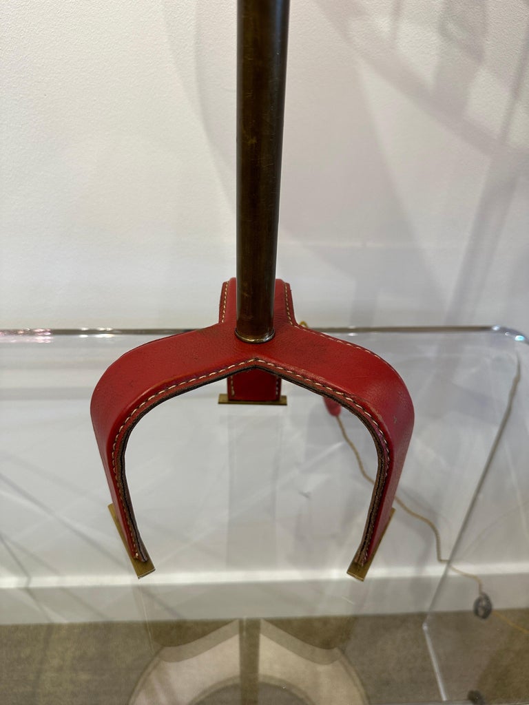 Distinctive Vintage Jacques Adnet Red Stitched Leather Tall Table Lamp