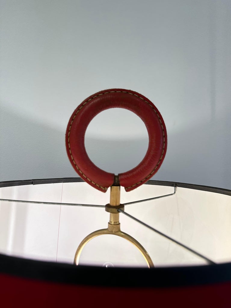 Distinctive Vintage Jacques Adnet Red Stitched Leather Tall Table Lamp