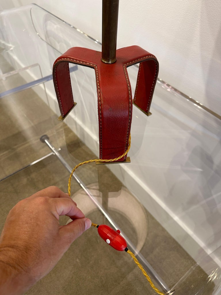 Distinctive Vintage Jacques Adnet Red Stitched Leather Tall Table Lamp