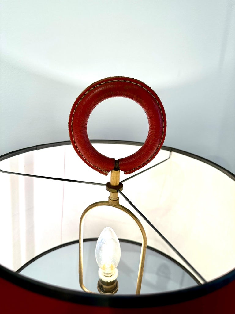 Distinctive Vintage Jacques Adnet Red Stitched Leather Tall Table Lamp