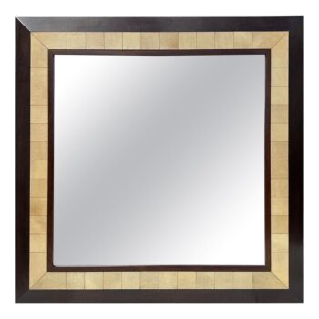 Large Square Parchment and Exotic Wood Framed Mirror by Ron Seff