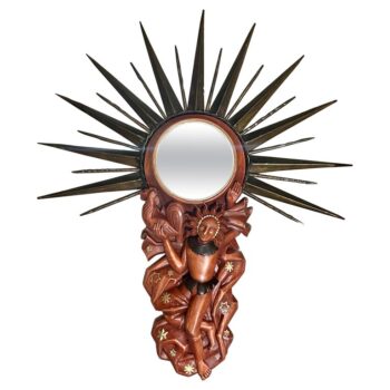 1930s French Carved Wood & Brass Sunburst Wall Mirror