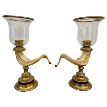 Original Chapman Hurricane Lanterns in Brass & Faux Rams Horn, PAIR