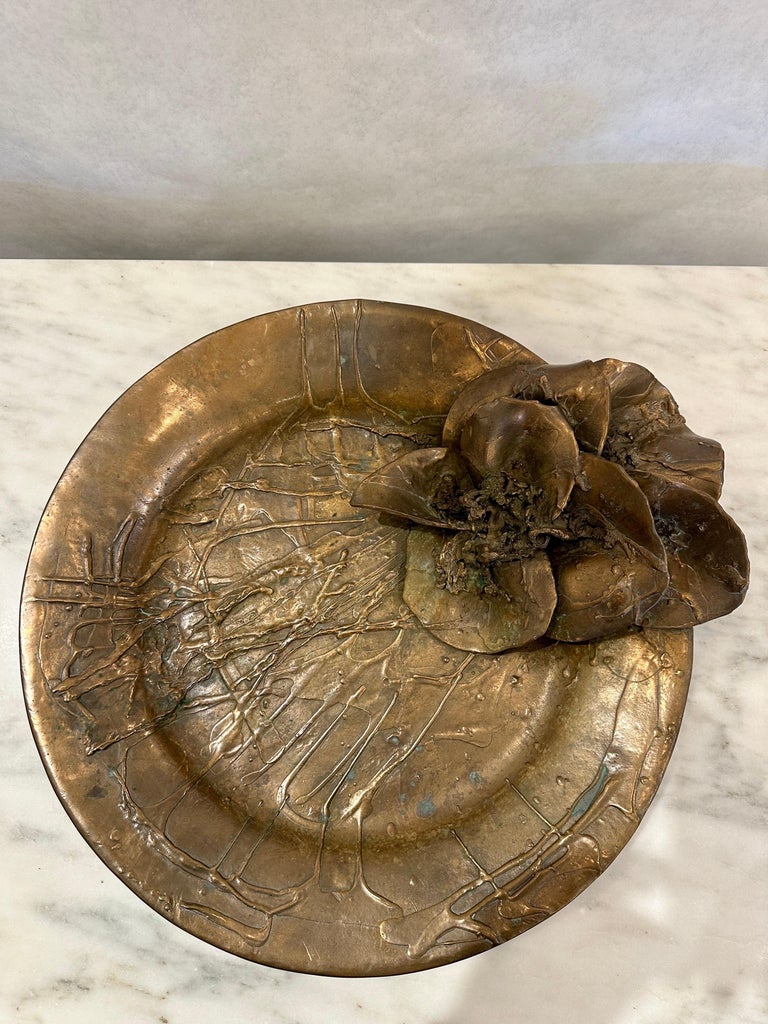 Ellen Brenner Bronze Sculptural Platter w/ Bronze Orchid Adornments (Signed)