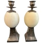 Pair of Ostrich Egg Mounted Silver Plate Candlesticks, Style of Anthony Redmile