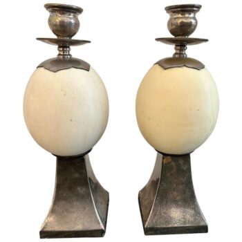 Pair of Ostrich Egg Mounted Silver Plate Candlesticks, Style of Anthony Redmile