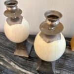 Pair of Ostrich Egg Mounted Silver Plate Candlesticks, Style of Anthony Redmile