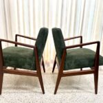Original Vintage Jens Risom Armchairs in Green Suede w/ Label, PAIR
