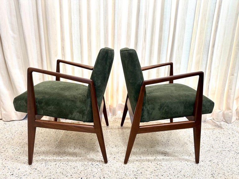 Original Vintage Jens Risom Armchairs in Green Suede w/ Label, PAIR
