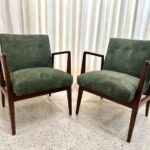 Original Vintage Jens Risom Armchairs in Green Suede w/ Label, PAIR