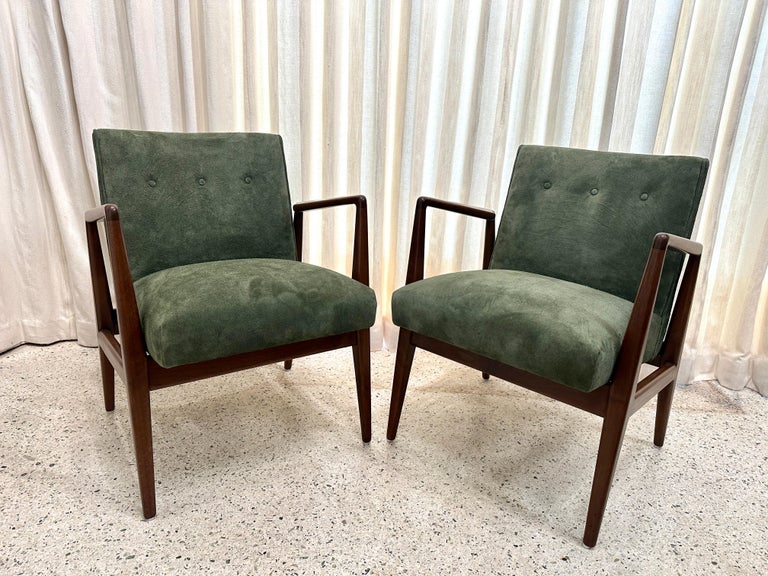 Original Vintage Jens Risom Armchairs in Green Suede w/ Label, PAIR