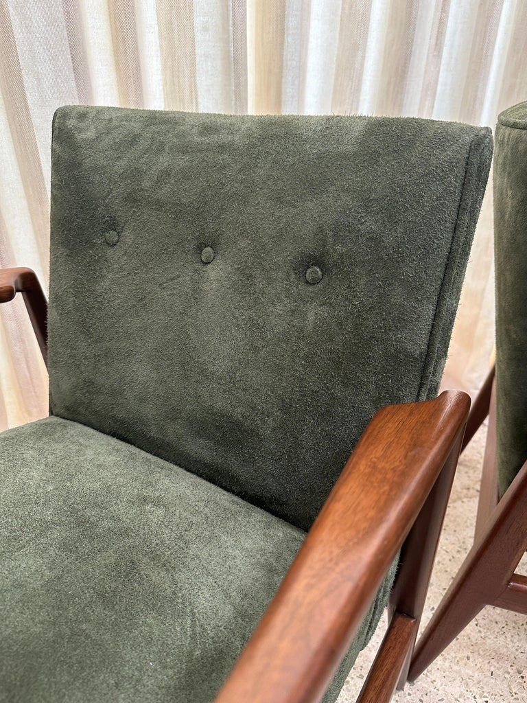 Original Vintage Jens Risom Armchairs in Green Suede w/ Label, PAIR