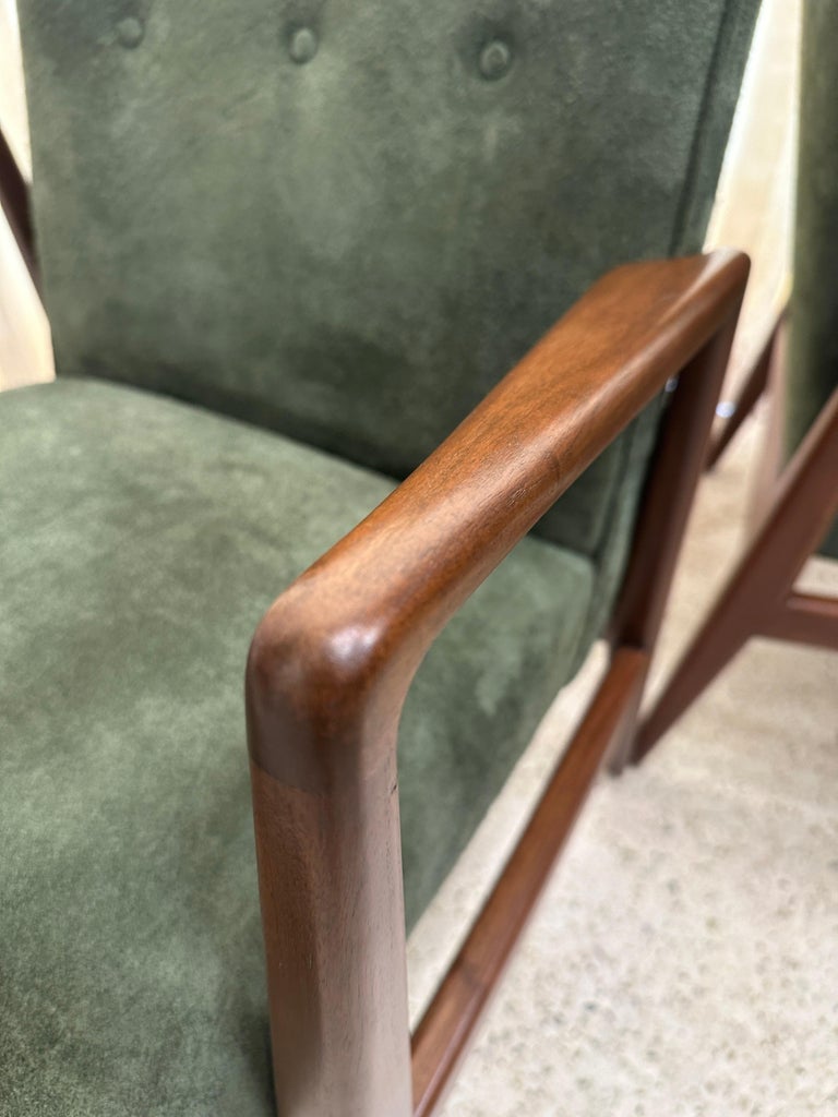 Original Vintage Jens Risom Armchairs in Green Suede w/ Label, PAIR