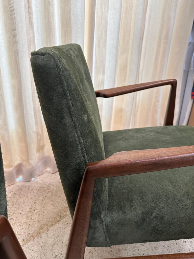 Original Vintage Jens Risom Armchairs in Green Suede w/ Label, PAIR