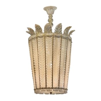 Overscale Deco Italian Murano Glass Opaline and Gold Chandeliers - Two Available