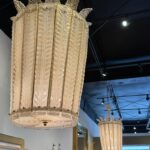 Overscale Deco Italian Murano Glass Opaline and Gold Chandeliers - Two Available