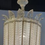 Overscale Deco Italian Murano Glass Opaline and Gold Chandeliers - Two Available