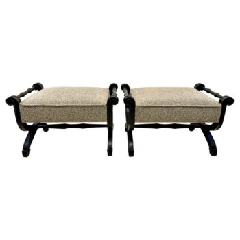 1950's Scrolled Carved Ebonized Wood Frame Benches/ Ottomans, Pair