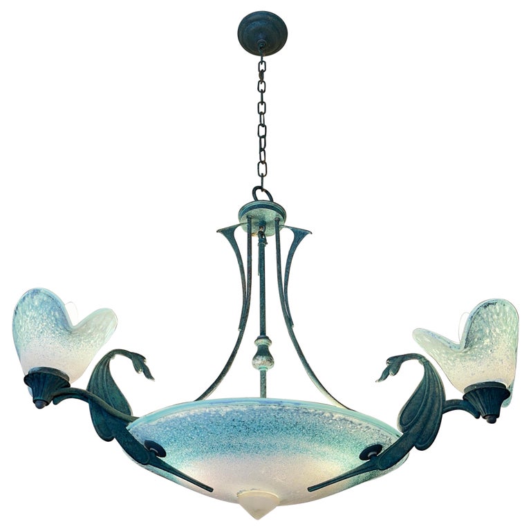 Italian Art Nouveau Verdigris Bronze and Frosted Glass Chandelier