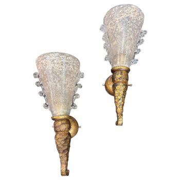 Rare Pair of Bronze & Murano Glass Brutal Style Wall Lights by Banci Firenze