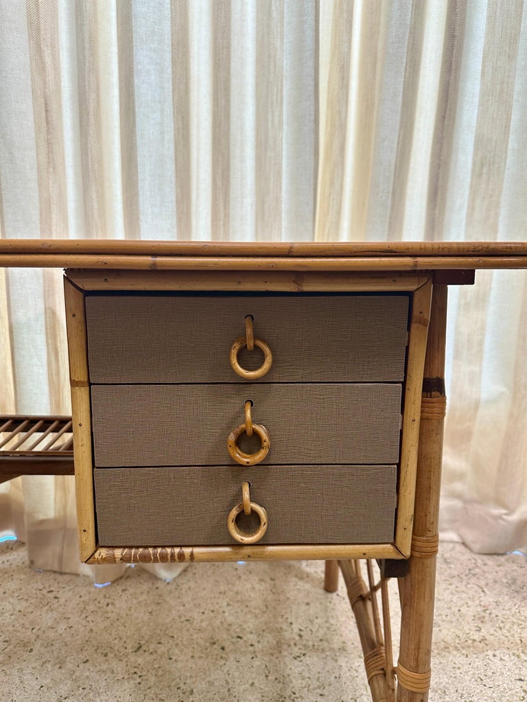 French Bamboo Desk + Chair Attributed to Louis Sognot