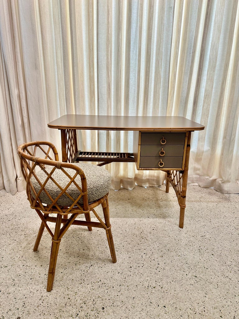 French Bamboo Desk + Chair Attributed to Louis Sognot