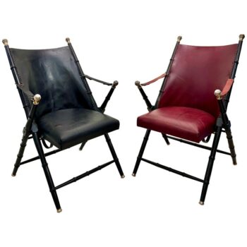 Pair of French Campaign-Style Leather Folding Chairs with Faux-Bamboo Frames