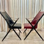 Pair of French Campaign-Style Leather Folding Chairs with Faux-Bamboo Frames