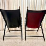 Pair of French Campaign-Style Leather Folding Chairs with Faux-Bamboo Frames