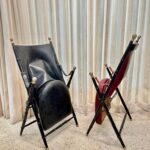 Pair of French Campaign-Style Leather Folding Chairs with Faux-Bamboo Frames