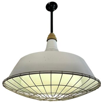 Industrial Pendant w/ Metal Cage Over Enamel and Milk Glass