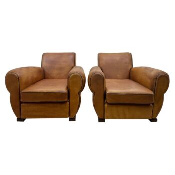1930's French Leather Club Chairs, PAIR
