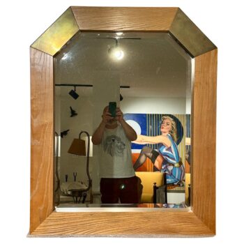 Brass & Wood Geometric Wall Mirror in the Manner of K. Springer