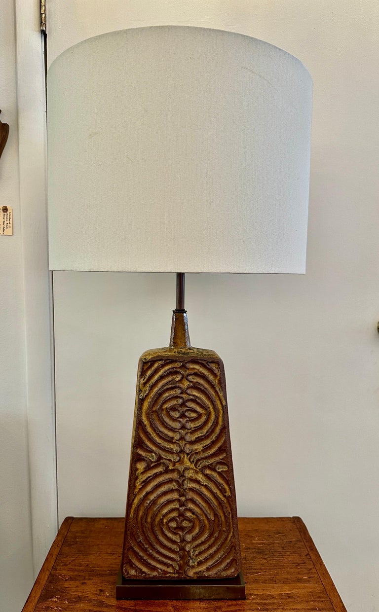 Heavy Ceramic Textural Trapezoidal Table Lamp, 1960's
