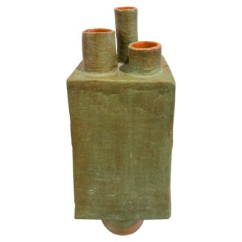 Heavy Earthenware Vase in Verdigris w/ 3 Openings
