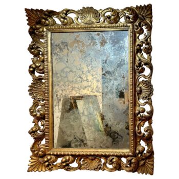 Antique Italian Carved Giltwood Frame and Antiqued Glass Wall Mirror