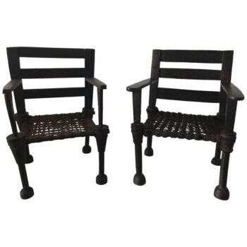 Pair of West African Ironwood and Leather Throne Chairs