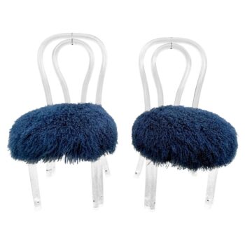 Pair of Thonet Style Vintage Lucite and Blue Mongolian Wool Side Chairs